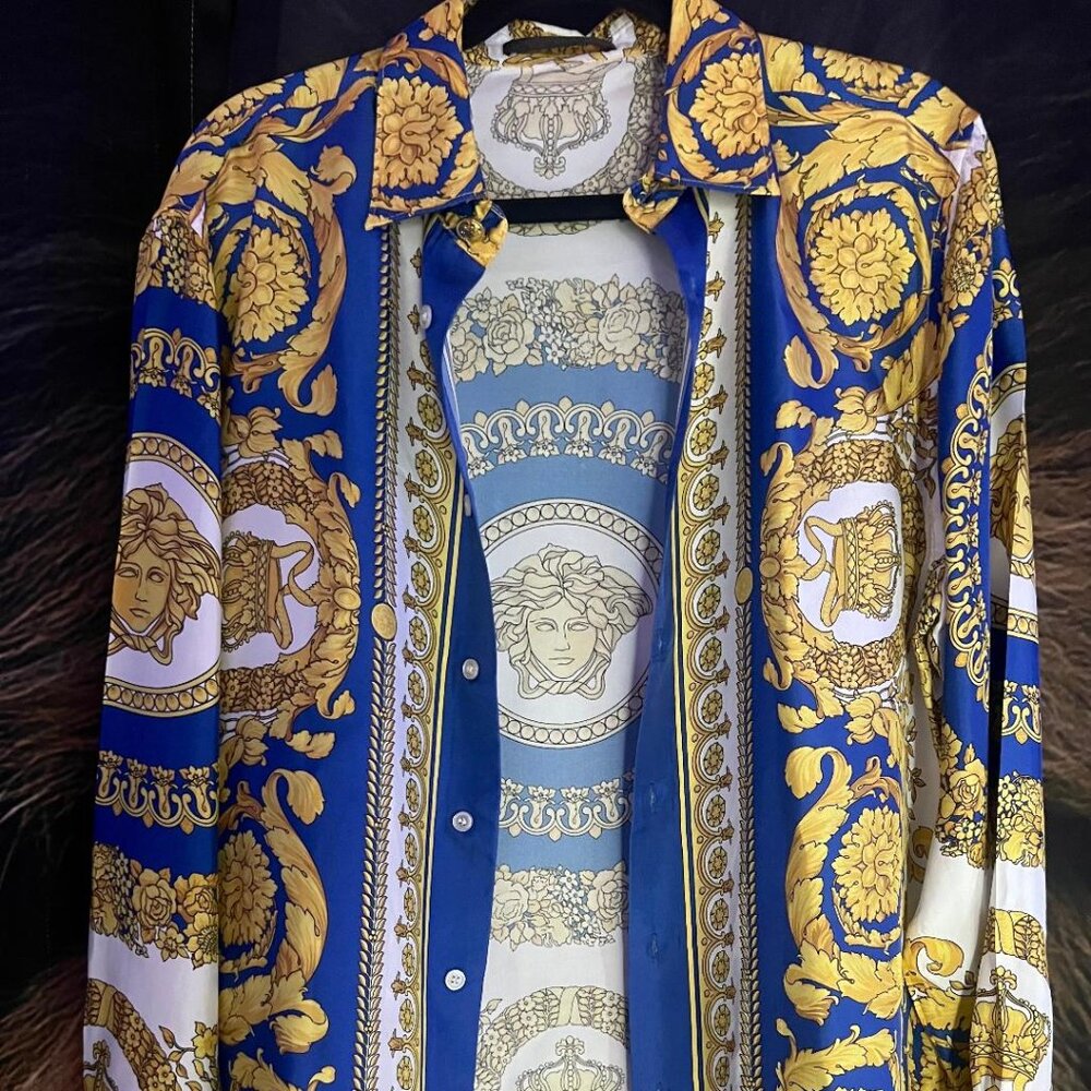 Versace Silk Shirt Men Gold Blue Beautiful PatteVersace Size 38